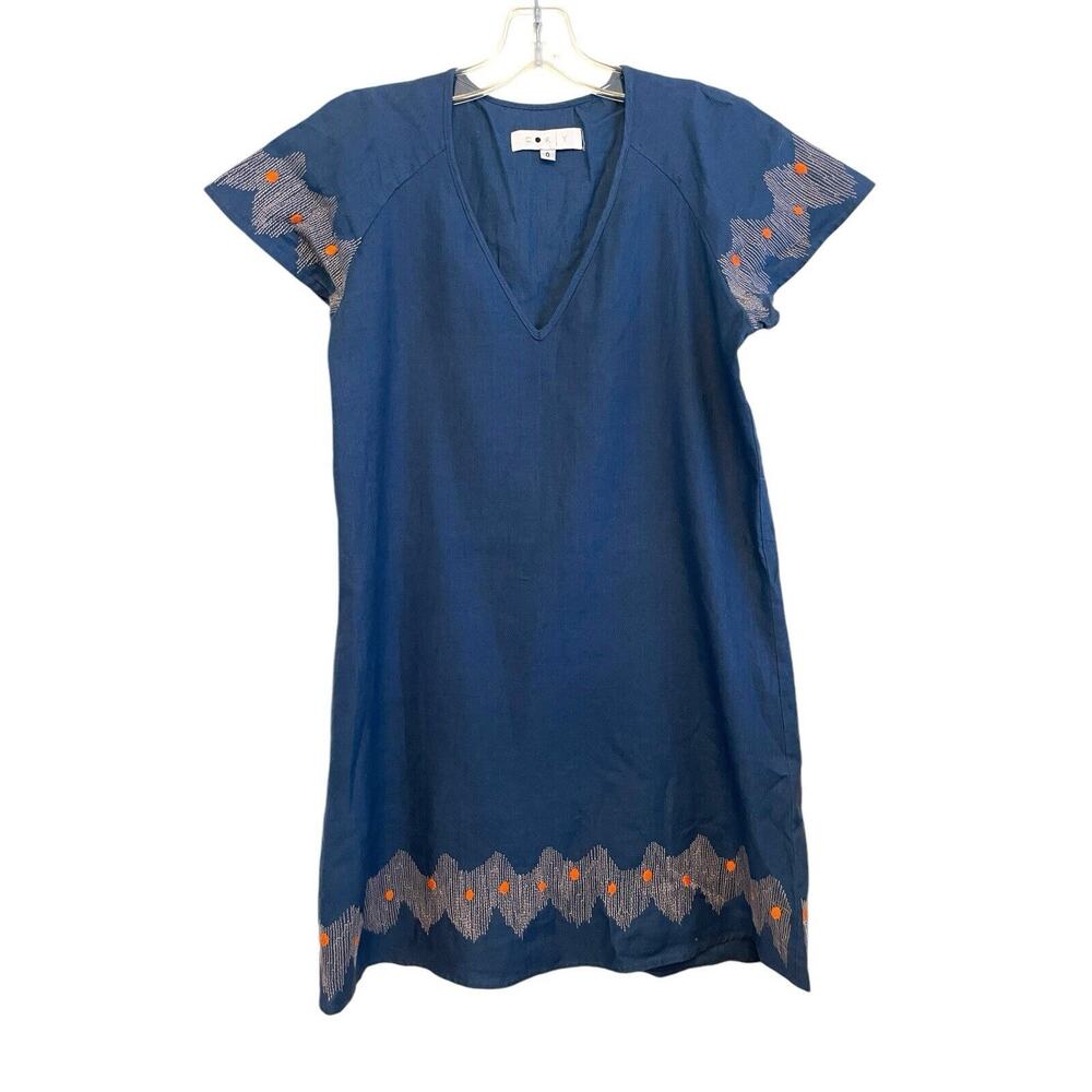 Corey Lynn Calter Anthropologie Linen‎ Blend Shift Dress Size 0 Blue Embroidered